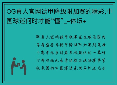 OG真人官网德甲降级附加赛的精彩,中国球迷何时才能“懂”_-体坛+